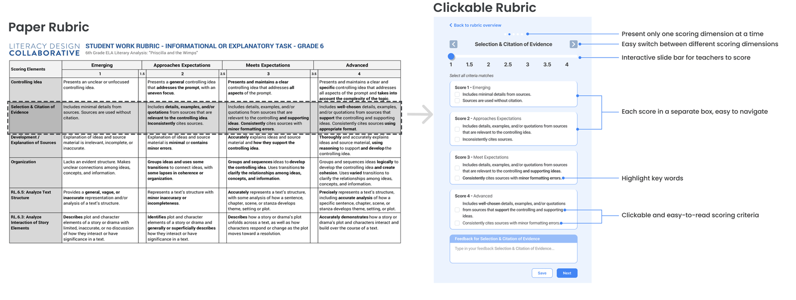 Paper rubric compared with a clickable digital rubric