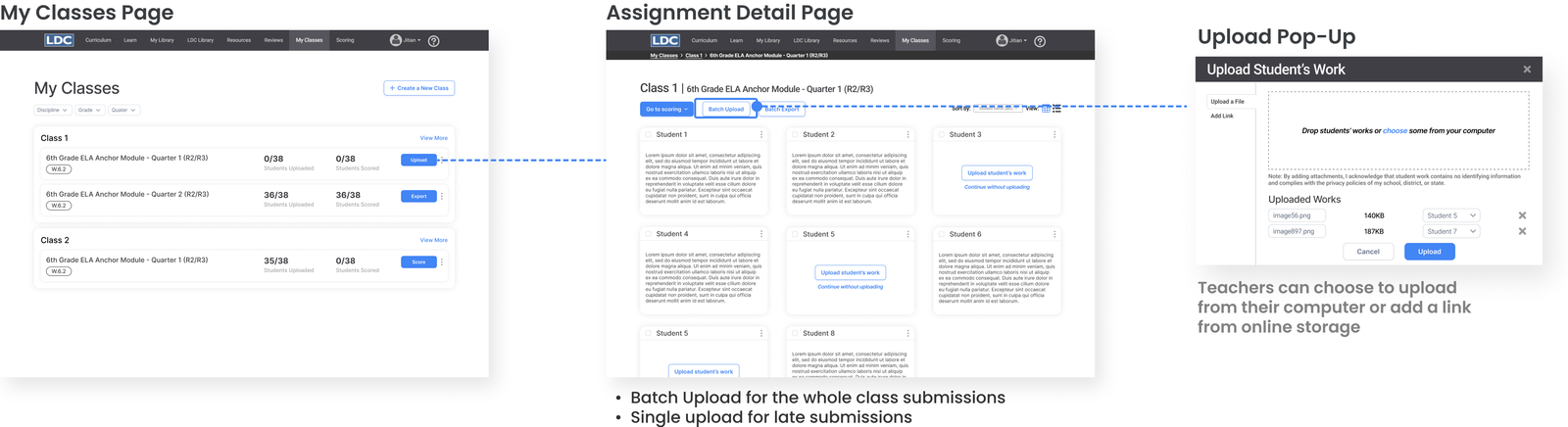 Upload students’ work and track assignment status