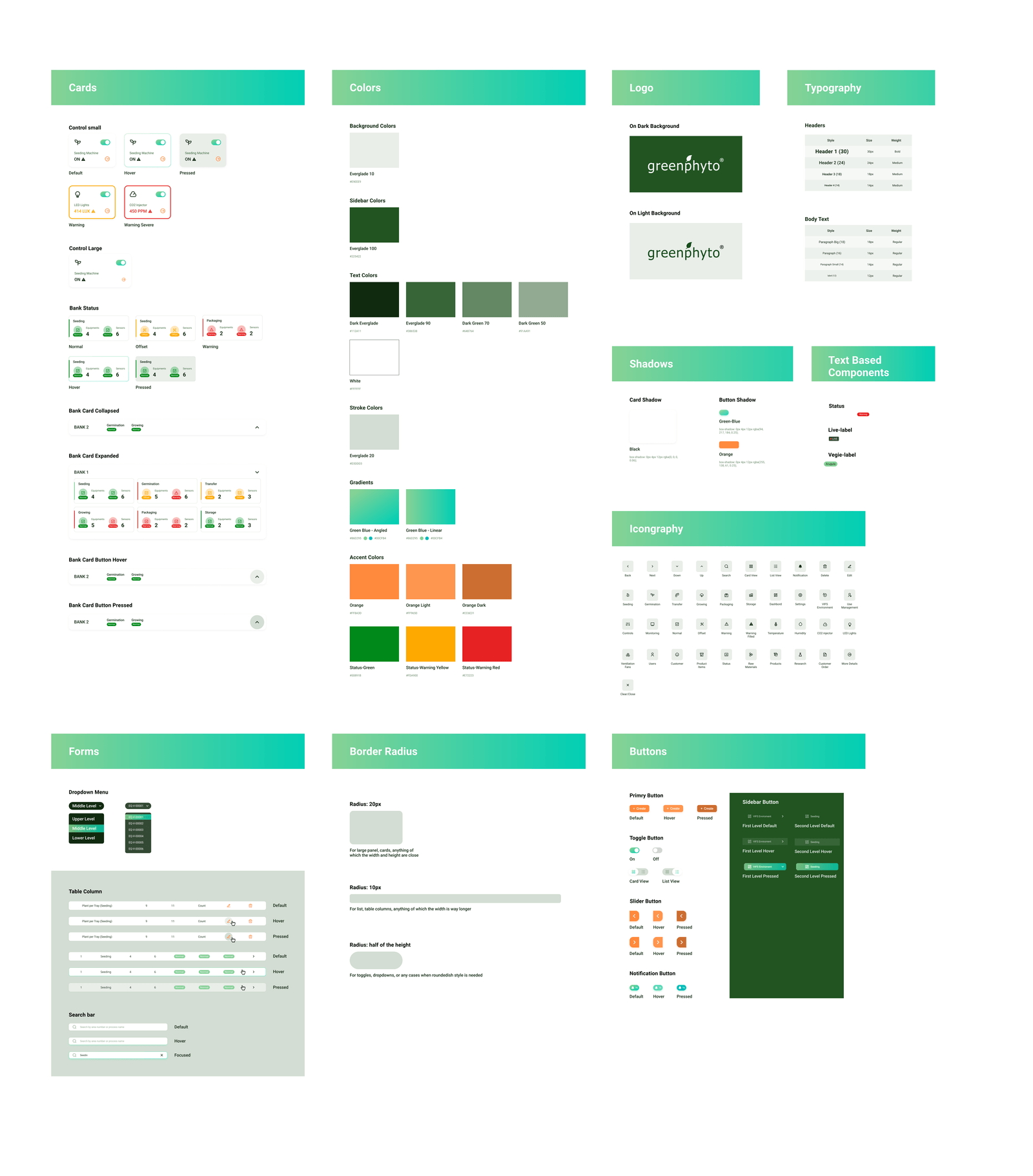 Greenphyto design system: cards, colors, typography, forms, icons, shadows, and buttons
