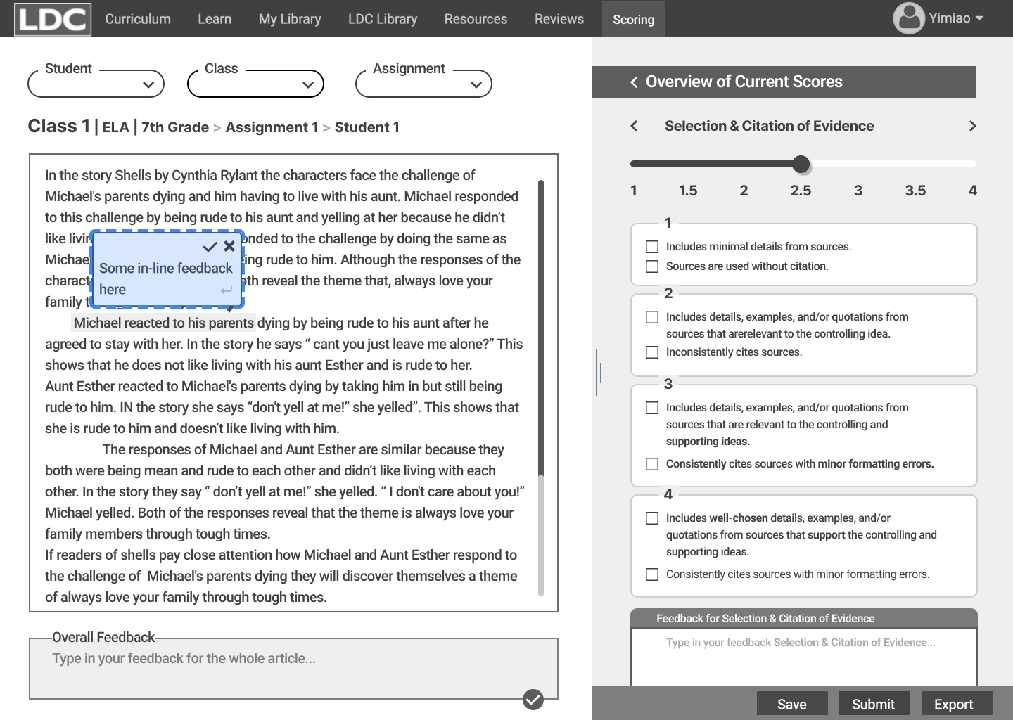 Feedback option: a floating comment box obscures student writing