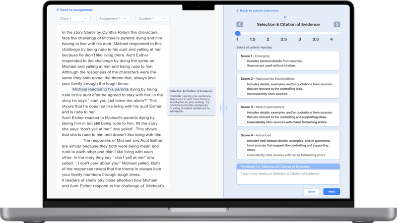 Laptop preview of the LDC writing-assignment scoring panel