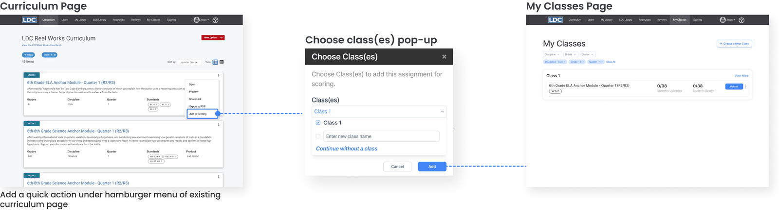 Add writing assignments to a class through a quick action