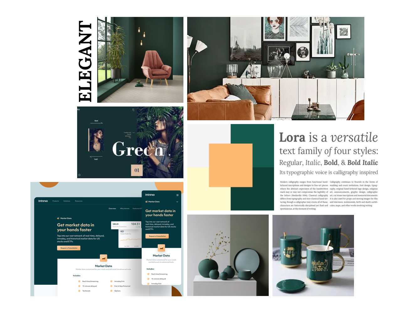 Elegant moodboard with dark greens and refined serif typography