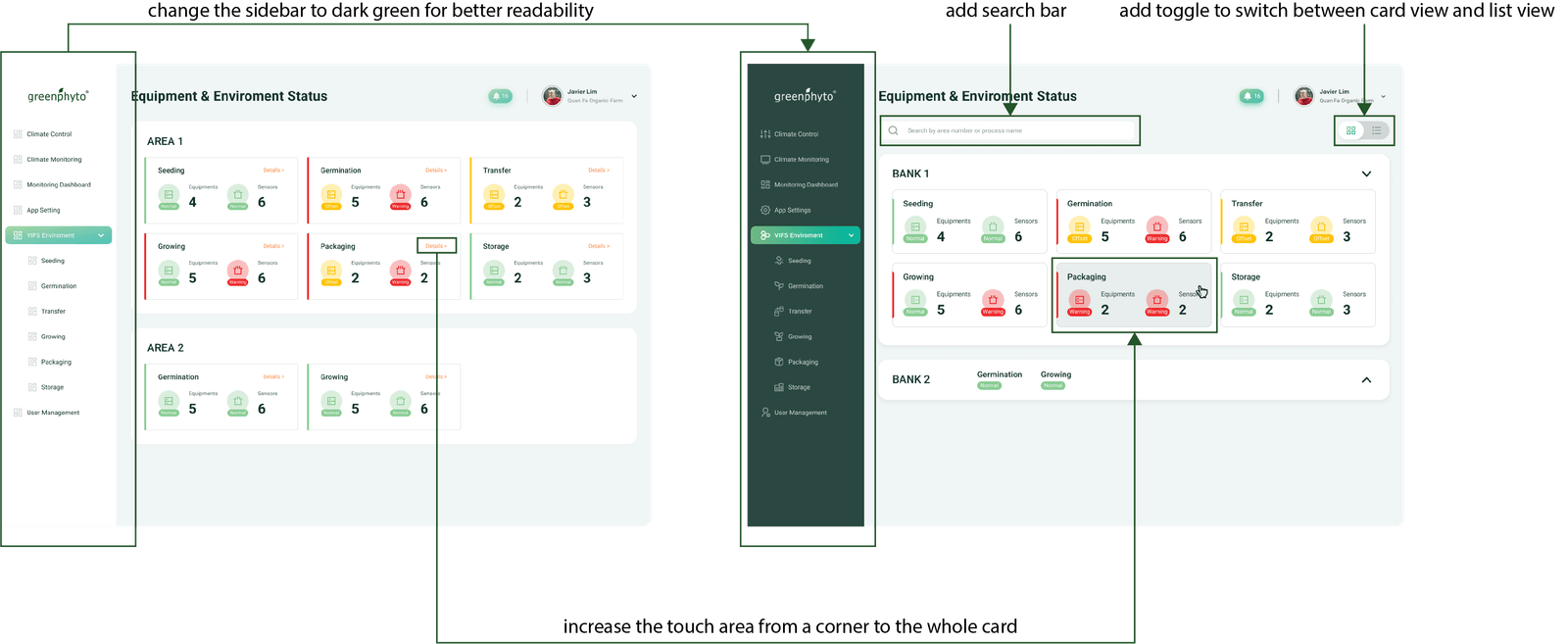 Iteration: darker sidebar, search, card/list toggle, and larger card click targets