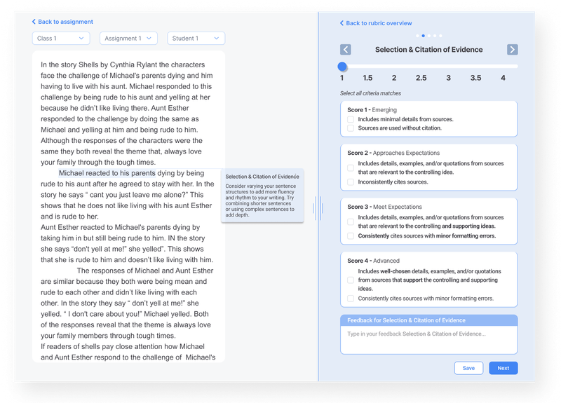 Final clickable rubric showing one scoring dimension at a time