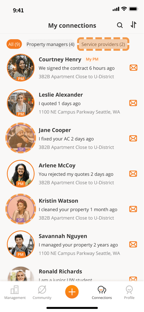 Proposed connections screen with a service-provider portal