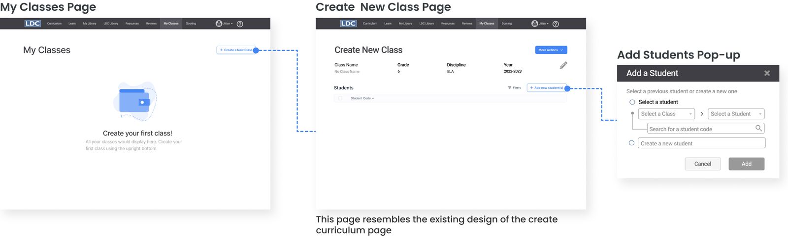 Create and manage classes: class list, new class form, and student entry