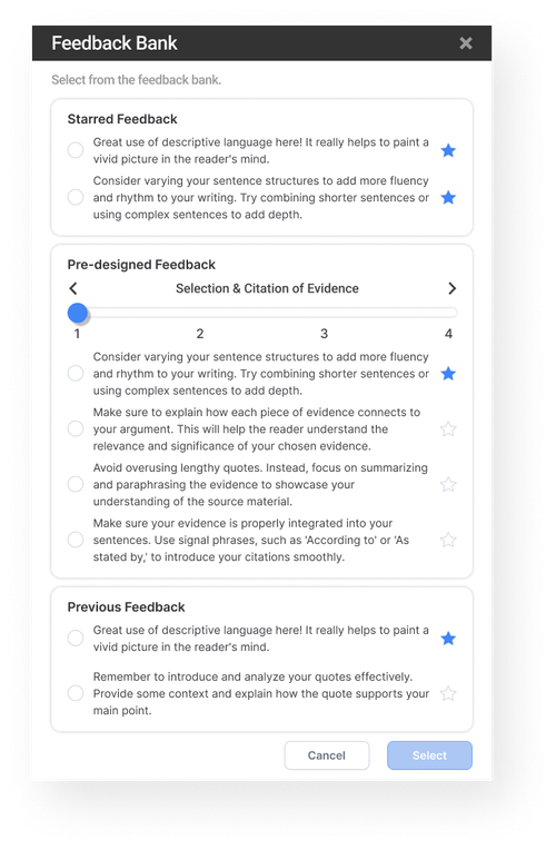 Final feedback bank with suggested and previously used comments